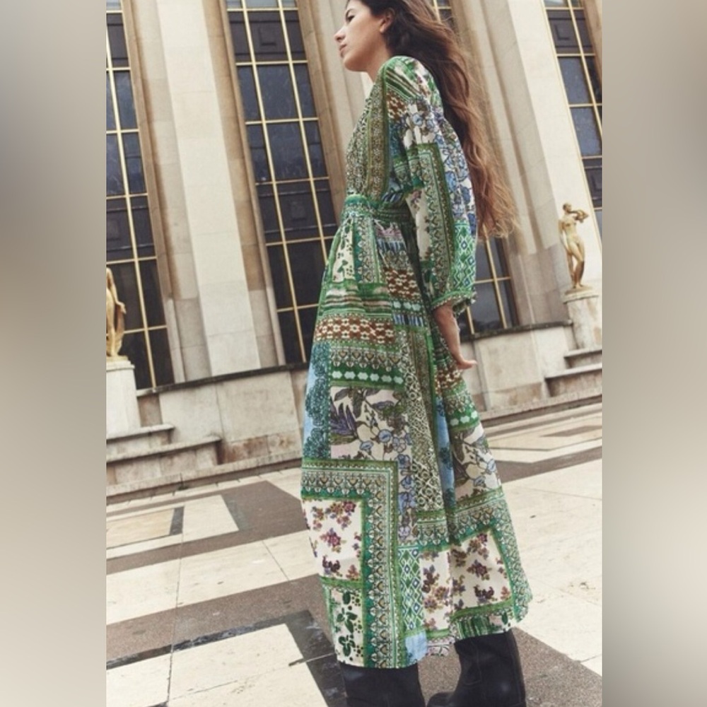 ZARA Long Sleeve Chiffon Semi Sheer Patchwork Lined Maxi Dress- S - Picture 2 of 9